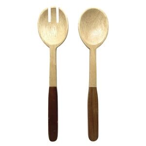 13"‎ Two Toned Handmade Wooden Salad Serving Spoon and Fork CLAY ART